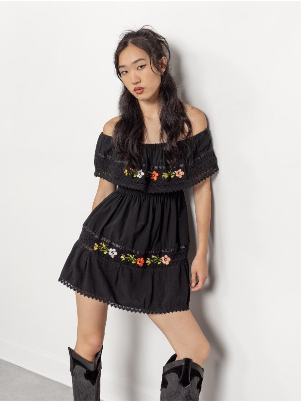MINI Dress Embroidered Cotton Babydoll Off The Shoulder, Xs